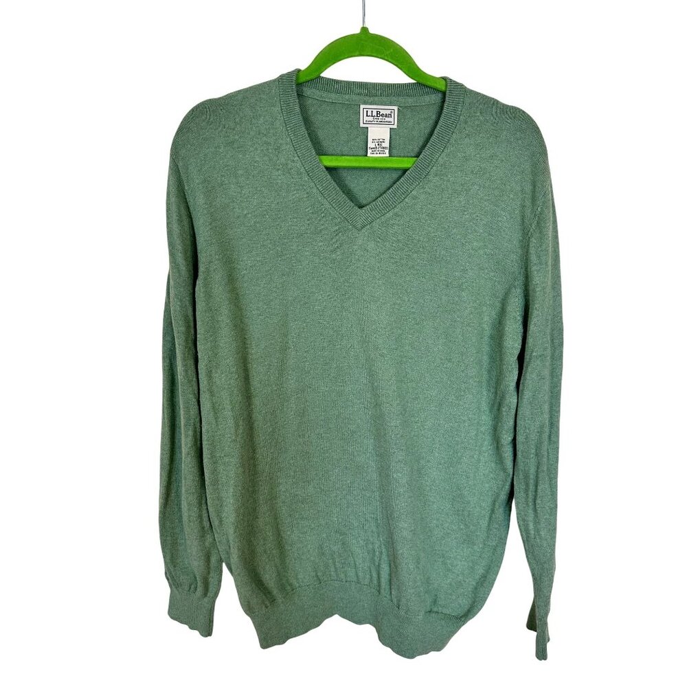 L L Bean Mens V Neck Sweater Cotton & Cashmere Large Moss Green Vtg Pullover